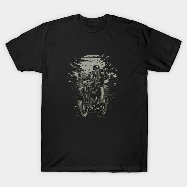 Live To Ride Biker Forest Silhouette T-Shirt by Rebus28